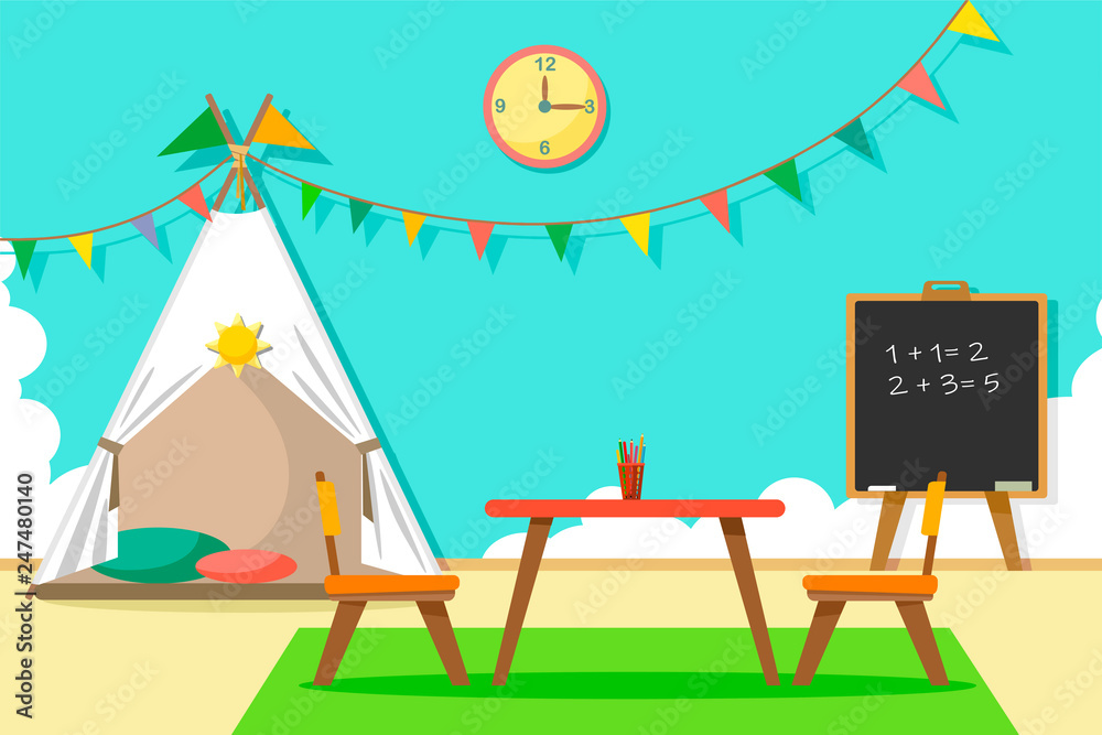Children's room with Indian tipi, flags, clouds on the wall, clock, chalk board, with table chairs and a carpet. Vector illustration in cartoon flat style.