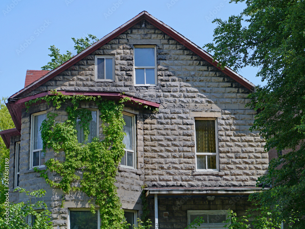 old stone house covered in vines