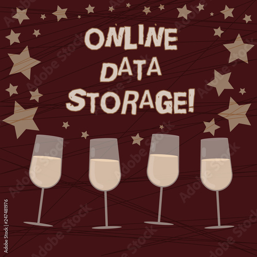 Conceptual hand writing showing Online Data Storage. Business photo showcasing store with third party service accessed via Internet Filled Cocktail Wine with Scattered Stars Confetti Stemware