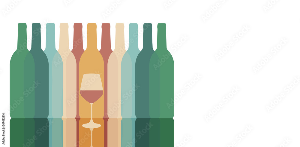 Colorful silhouettes of wine bottles are seen with one glass of wine. Muted colors.