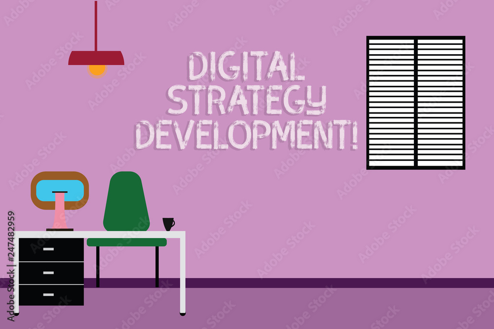 Fototapeta premium Text sign showing Digital Strategy Development. Conceptual photo maximizing the business benefits assets Work Space Minimalist Interior Computer and Study Area Inside a Room photo