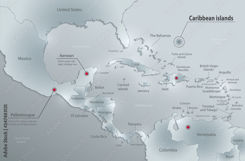 Caribbean islands Central America map, state names, separate states, glass card paper 3D vector