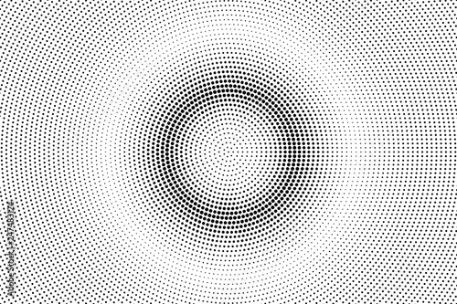 Black and white halftone vector texture. Round dotted gradient. Centered dotwork surface for vintage effect