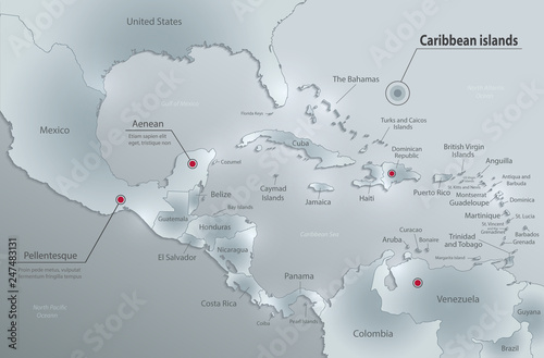Caribbean islands Central America map, state names, separate states, glass card paper 3D vector