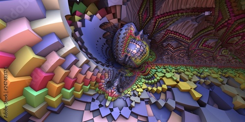 3D abstract landscape, escher style cube shapes arranged into organic spherical shapes, purple/pastel colored illustration Fototapet