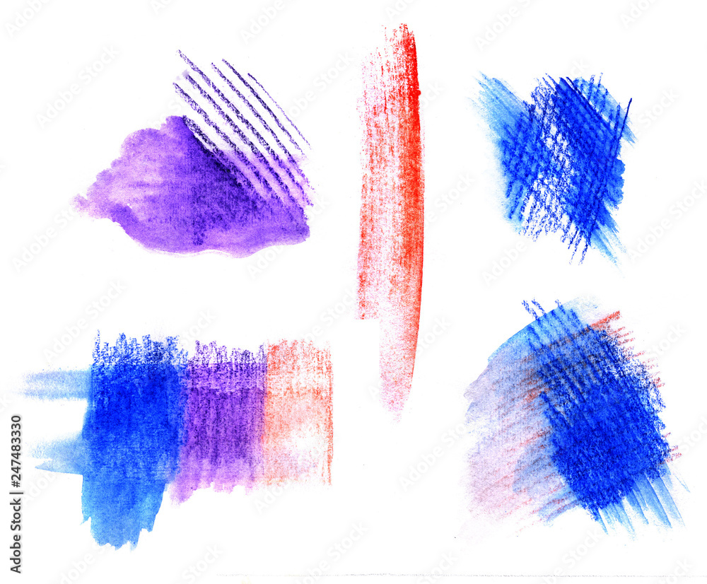Bright colorful watercolor pencil  hand drawn strokes blue red purple background