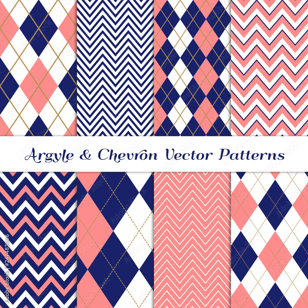 Navy Blue, White and Coral Pink Chevron and Argyle Vector Patterns with Gold Accent Lines Preppy Fashion Fabric Prints. Girly Golf Style Backgrounds. Repeating Pattern Tile Swatches Included. Navy Blue, White and Coral Pink Chevron and Argyle Vector Patterns with Gold Accent Lines Preppy Fashion Fabric Prints. Girly Golf Style Backgrounds. Repeating Pattern Tile Swatches Included.
