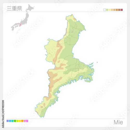 三重県の地図（等高線・色分け）
