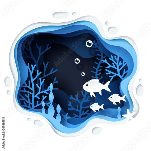 Paper art of the fish in under water world