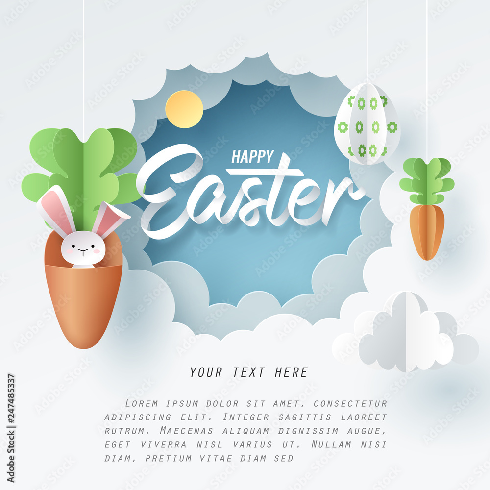Paper art of Bunny in carrot and Easter eggs, Happy Easter celebration concept