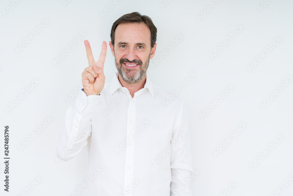 Elegant senior man over isolated background showing and pointing up with fingers number two while smiling confident and happy. Elegant senior man over isolated background showing and pointing up with fingers number two while smiling confident and happy.