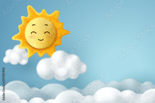 Needle felting of sun and cloud in the sky, hello spring or summer concept