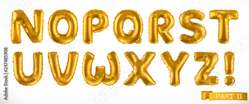 Alphabet part 2. Golden inflatable toy balloons. Letters N - Z. 3D realistic font. Vector icon set