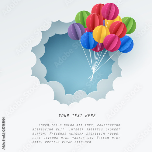 Paper art of colorful balloon fly through a white cloud with copy space for text