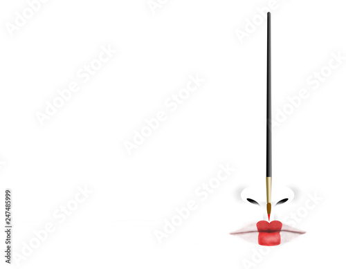 This is an illustration of a Japanese geisha's unusual facial makeup. Here lips and eyes are carefully defined in red with a fine tipped brush dipped in makeup. This is isolated on white background.