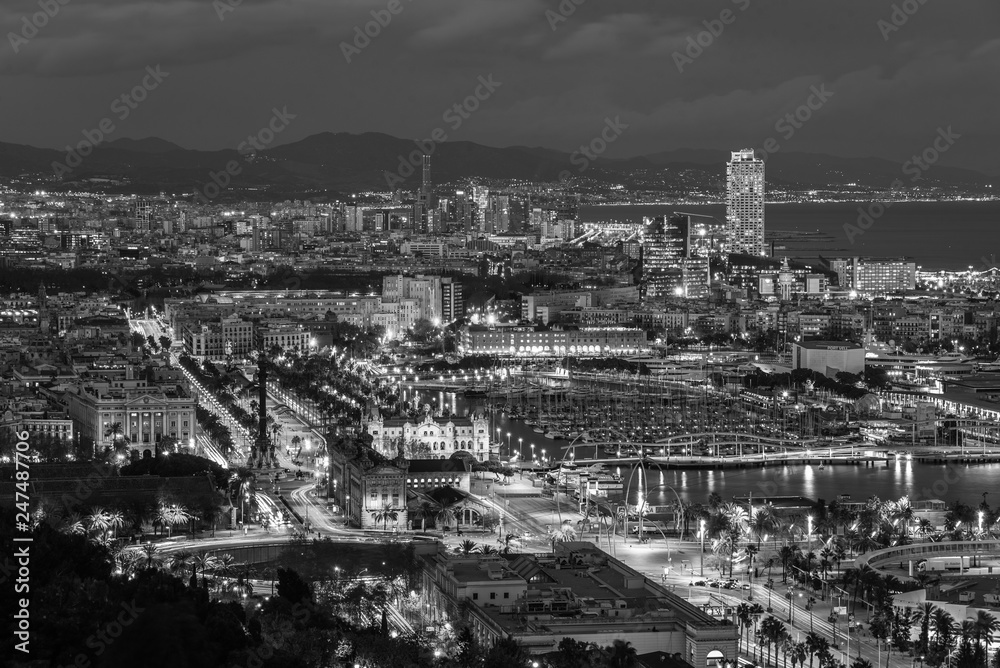 Night cityscape view of Barcelona from Jardins del Mirador, on Montjuïc Hill, in Barcelona, Spain