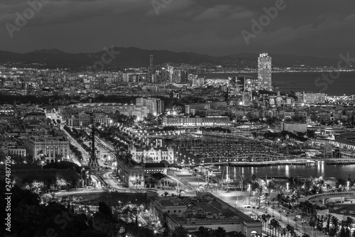 Night cityscape view of Barcelona from Jardins del Mirador, on Montjuïc Hill, in Barcelona, Spain