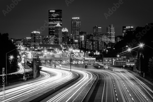 The Pittsburgh skyline and I-279 at night, in Pittsburgh, Pennsylvania.