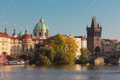 Prague - The to tower of the Charles bride in autumn morning.