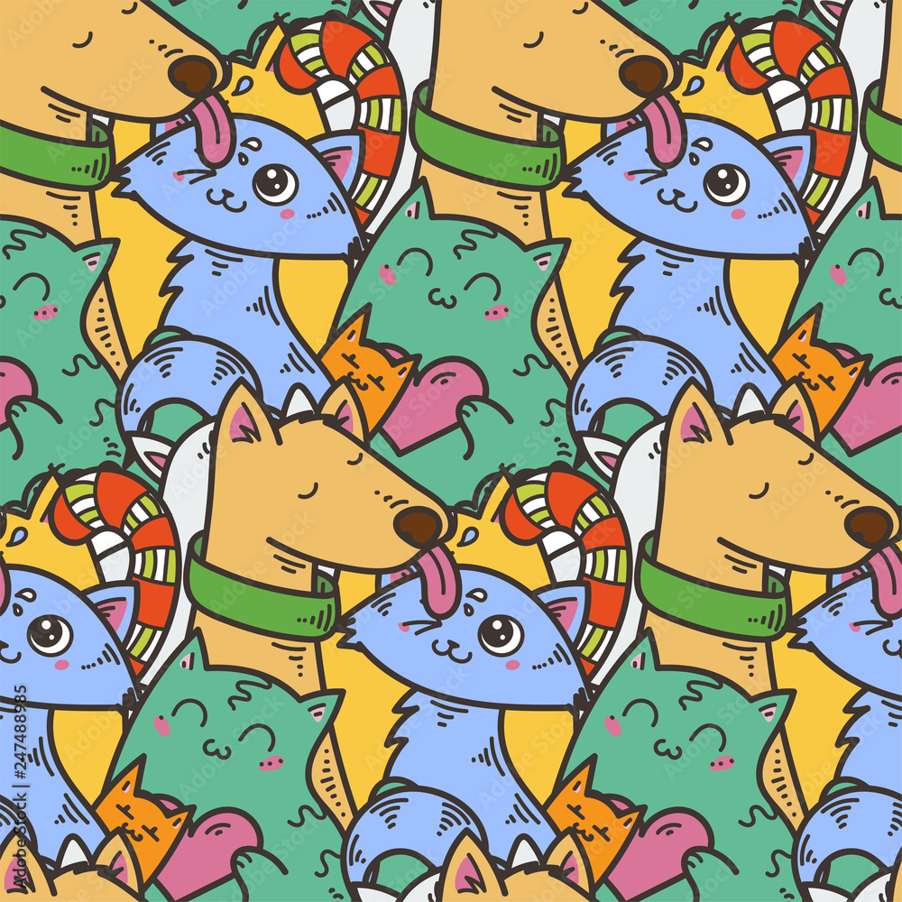 Seamless pattern with cute domestic animals. Kawaii doodle pets Seamless pattern with cute domestic animals. Kawaii doodle pets