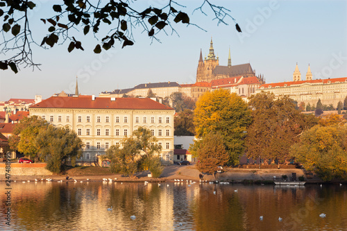 Prague - The Castle and Cathedral withe the Vltava river and the autumn leafs.