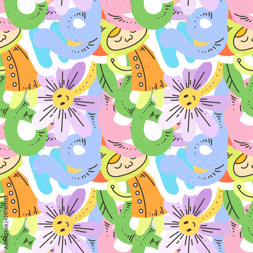 Fototapeta Naklejka Na Ścianę i Meble -  Seamless vector pattern with cute cartoon monsters and beasts. Nice for packaging, wrapping paper, coloring pages, wallpaper, fabric, fashion, home decor, prints etc