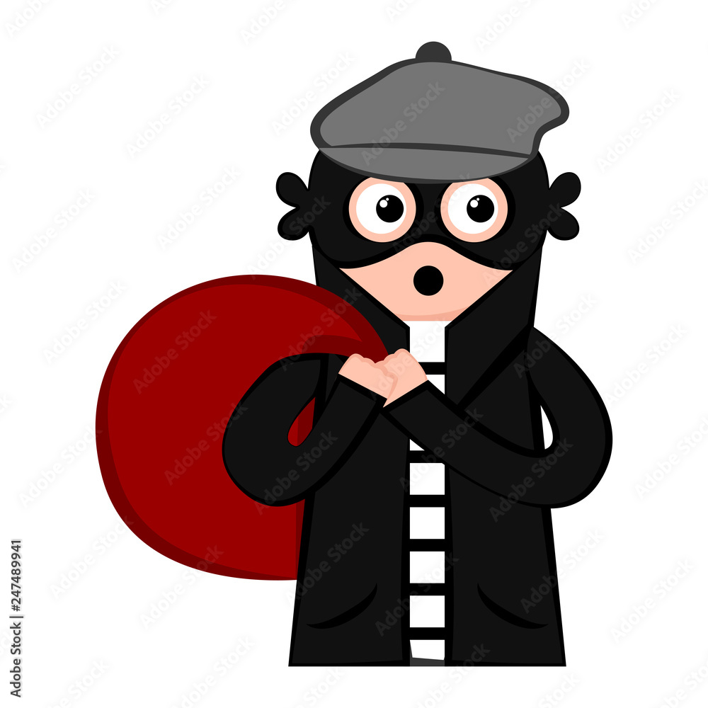 Surprised thief cartoon with a money bag. Vector illustration design