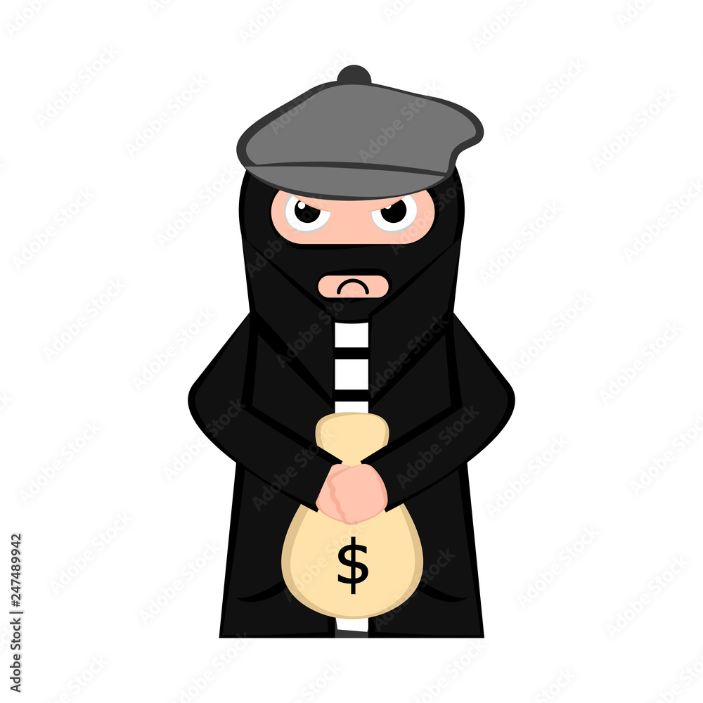 Angry thief cartoon with a money bag. Vector illustration design