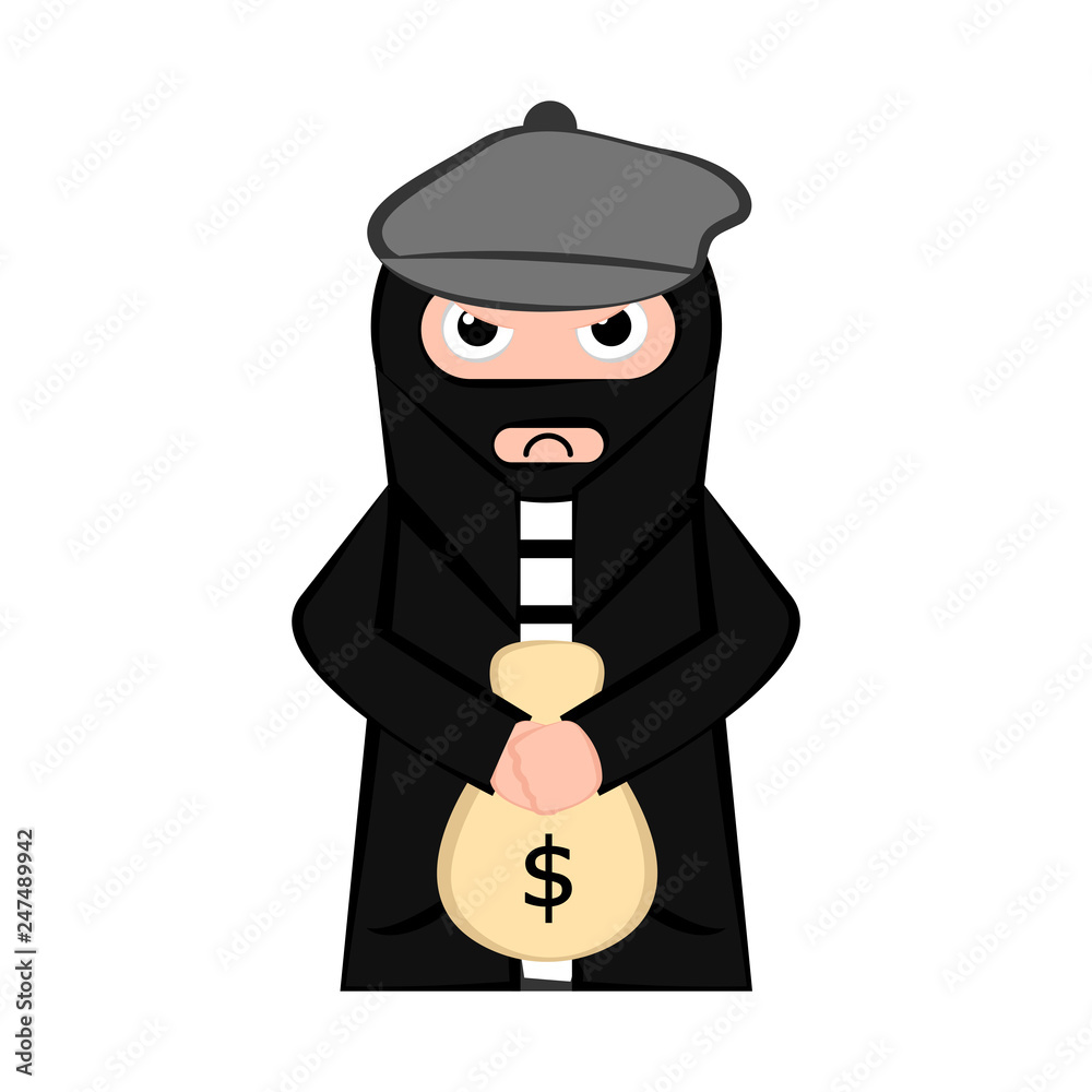 Angry thief cartoon with a money bag. Vector illustration design Angry thief cartoon with a money bag. Vector illustration design