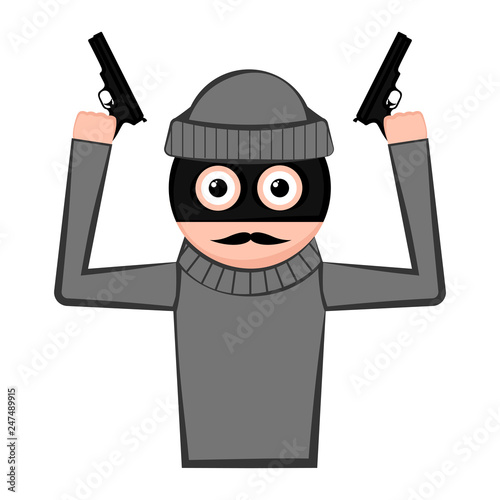 Sad thief cartoon with weapons. Vector illustration design