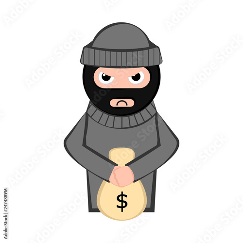 Angry thief cartoon with a money bag. Vector illustration design