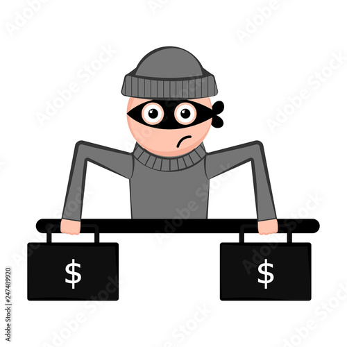 Unsatisfied thief cartoon with a money briefcases. Vector illustration design