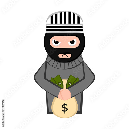 Angry thief cartoon with a money bag. Vector illustration design