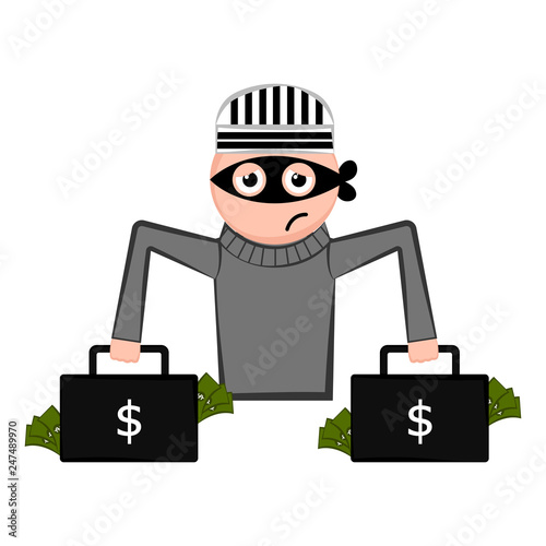 Unsatisfied thief cartoon with a money briefcases. Vector illustration design