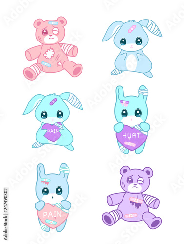 Cute suffering animals in yami kawaii style