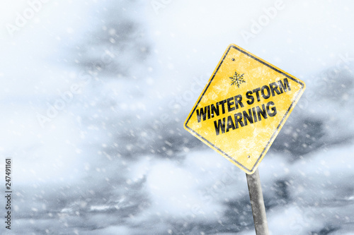 Winter Storm Warning Sign With Snowfall and Stormy Background