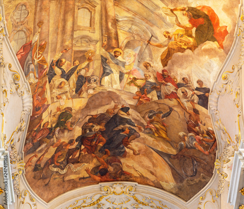 PRAGUE, CZECH REPUBLIC - OCTOBER 14, 2018: The symbolic fresco of Glory of Dominicans order in church of St. Egidius (Jiljí) by Václav Vavřinec Reiner (1689 - 1743).