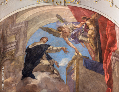 Obraz na plátne PRAGUE, CZECH REPUBLIC - OCTOBER 12, 2018:  The Fresco of vision of Saint Thomas of Aquinas in church kostel Svatého Tomáše by Václav Vavřinec Reiner (1689 - 1743)