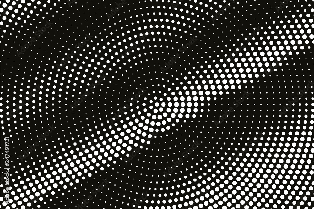 White dot on black halftone vector texture. Diagonal dotted gradient. Dark dotwork surface for vintage effect.
