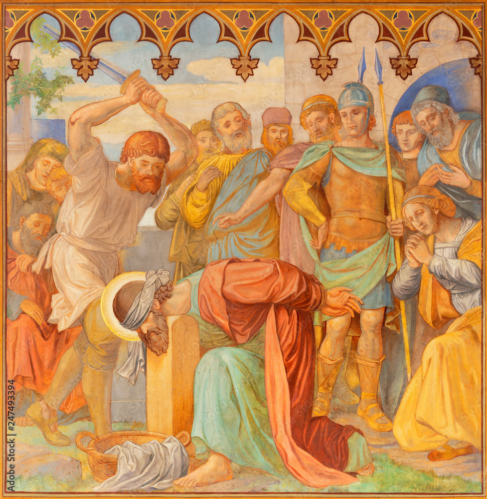 PRAGUE, CZECH REPUBLIC - OCTOBER 15, 2018: The fresco decapitation of St. Paul in church Bazilika svatého Petra a Pavla na Vyšehrade by S. G. Rudl (1895).