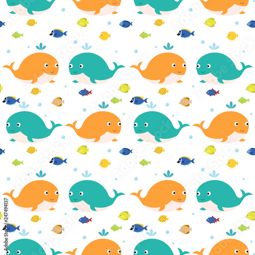 Cartoon whales with fish,  sea seamless pattern. Sea and summer background.