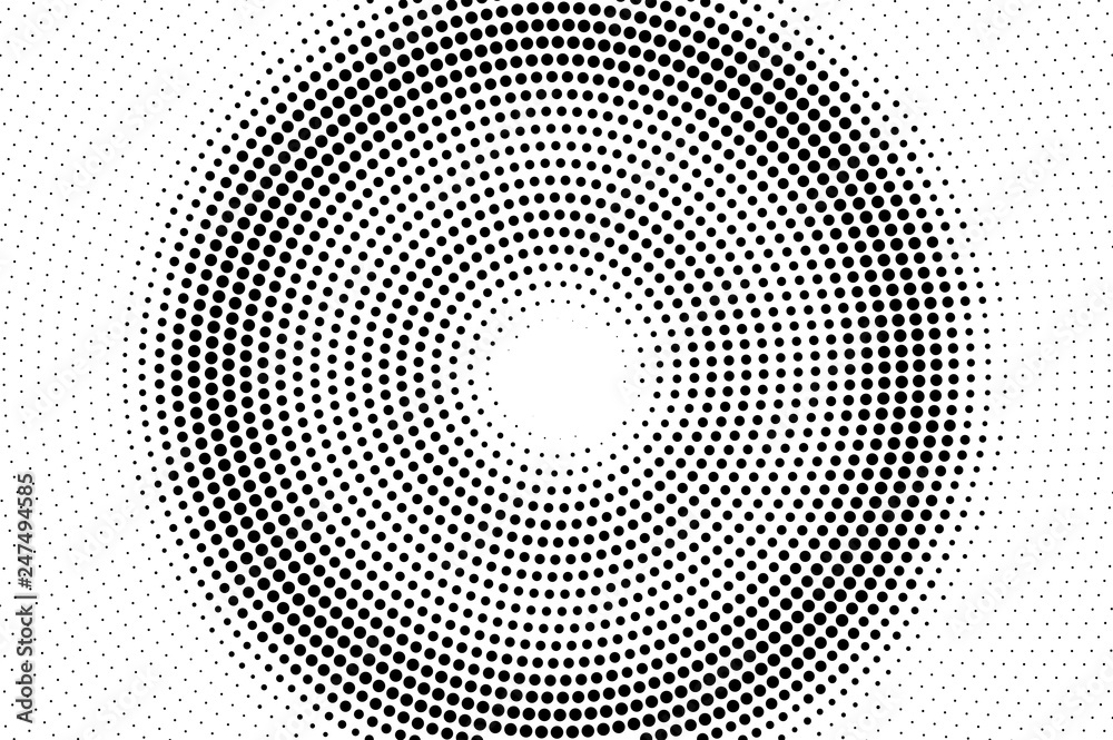 Black and white centered halftone vector texture. Digital pop art background. Round dotwork gradient for vintage effect