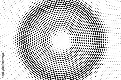 Black and white centered halftone vector texture. Digital pop art background. Round dotwork gradient for vintage effect