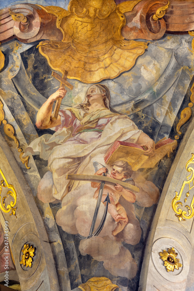 PRAGUE, CZECH REPUBLIC - OCTOBER 18, 2018: The fresco of  cardinal virtues of Hope in church Kostel Svaté Kateřiny Alexandrijské by Václav Vavřinec Reiner (1689 - 1743).