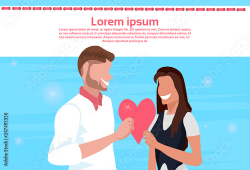 couple lovers holding red heart shape happy valentines day holiday celebration concept man woman in love male female cartoon characters portrait horizontal copy space