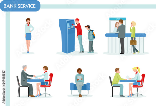 Bank staff and clients in bank office. Finance management concept flat design. Business and queue, workplace and discuss, atm and working manager, Colorful vector illustration in flat cartoon style.