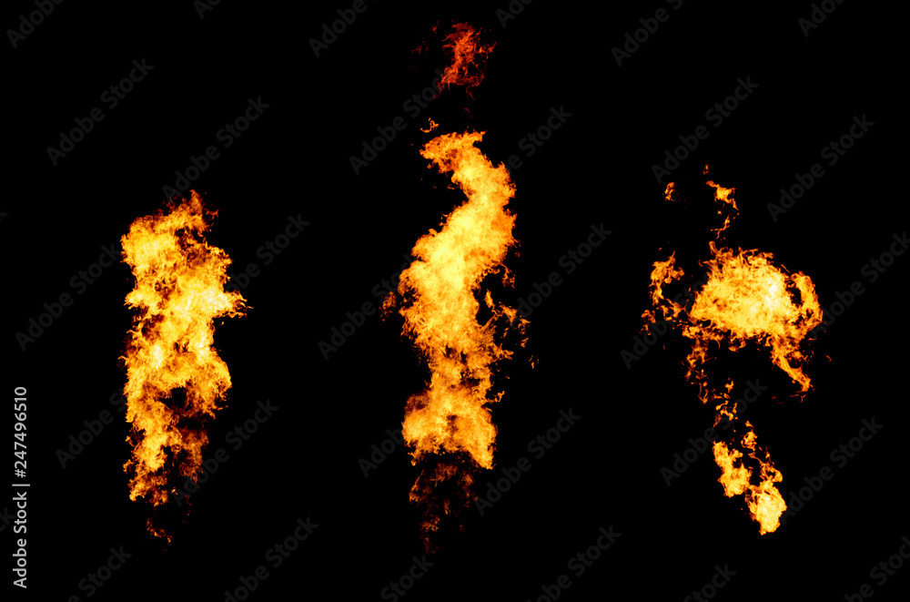 Set of three isolated flame jets. Fire stream goes from flamethrower Set of three isolated flame jets. Fire stream goes from flamethrower