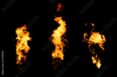 Set of three isolated flame jets. Fire stream goes from flamethrower