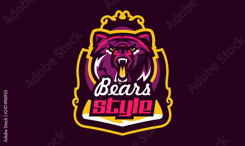 Colorful emblem of an aggressive bear. Sports logo bear. Forest predator, wild beast. Vector illustration