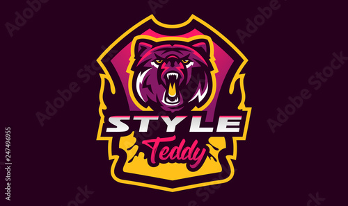 Colorful emblem of an aggressive bear. Sports logo bear. Forest predator, wild beast. Vector illustration